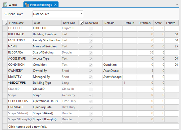 Fields view for the Building layer Fields view for the Building layer