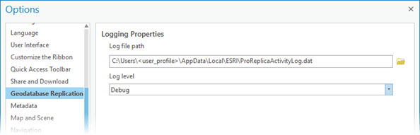 Geodatabase Replication tab accessed from the Options dialog box Geodatabase Replication tab accessed from the Options dialog box