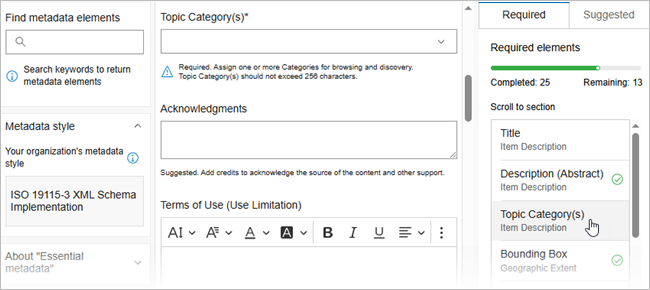 The ArcGIS metadata editor Essential Metadata page has three columns with required elements listed in the third column. The ArcGIS metadata editor Essential Metadata page has three columns with required elements listed in the third column.