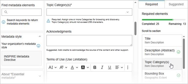 The ArcGIS metadata editor Essential Metadata page has three columns with required elements listed in the third column. The ArcGIS metadata editor Essential Metadata page has three columns with required elements listed in the third column.