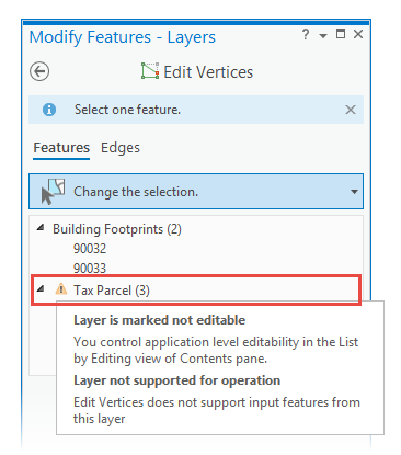 Modify Features - Layers pane with Tax Parcel selected Modify Features - Layers pane with Tax Parcel selected