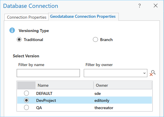 Geodatabase Connection Properties for traditional versioning Geodatabase Connection Properties for traditional versioning