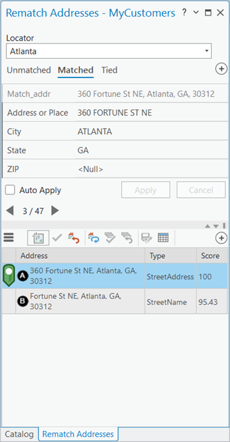 Rematch Addresses pane Rematch Addresses pane