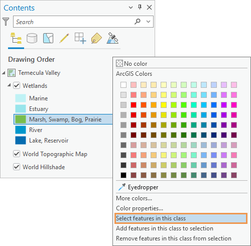 Contents pane of a map and color palette showing the Select features in this class option Contents pane of a map and color palette showing the Select features in this class option