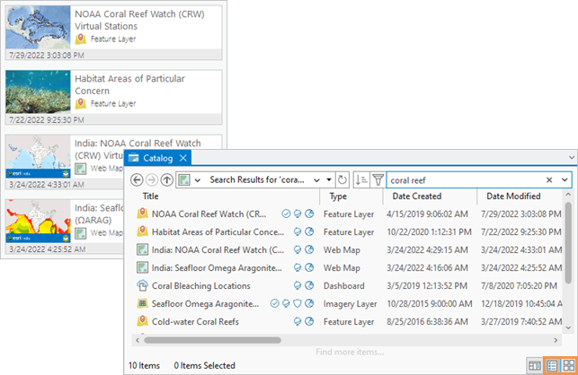 Catalog view of ArcGIS Living Atlas of the World items displayed as tiles and in columns Catalog view of ArcGIS Living Atlas of the World items displayed as tiles and in columns