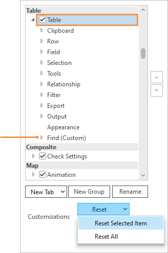 Selected tab containing a custom group with the Reset Selected Item command highlighted Selected tab containing a custom group with the Reset Selected Item command highlighted