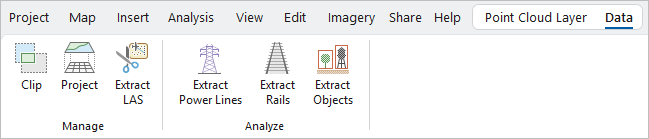 Data tab and ribbon commands for a point cloud scene layer Data tab and ribbon commands for a point cloud scene layer
