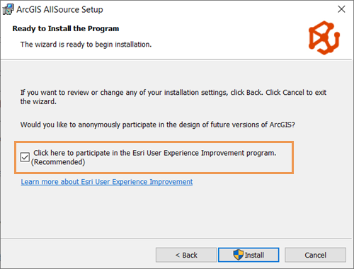 Esri User Experience Improvement program check box Esri User Experience Improvement program check box