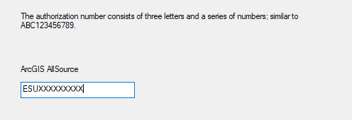 ArcGIS AllSource authorization number in the Software Authorization Wizard ArcGIS AllSource authorization number in the Software Authorization Wizard