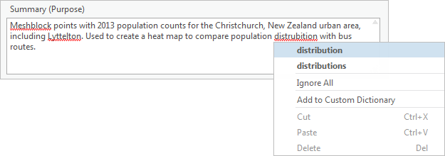 A context menu shows suggested corrections for a misspelled word in an item's metadata. A context menu shows suggested corrections for a misspelled word in an item's metadata.