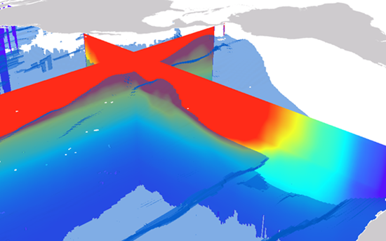 Ecological marine unit voxel layer showing a cross section of temperature with an isosurface of oxygen saturation Ecological marine unit voxel layer showing a cross section of temperature with an isosurface of oxygen saturation
