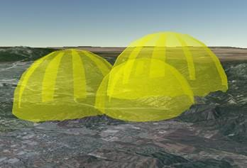 Three transparent yellow domes where the backs of the domes are visible through the fronts Three transparent yellow domes where the backs of the domes are visible through the fronts