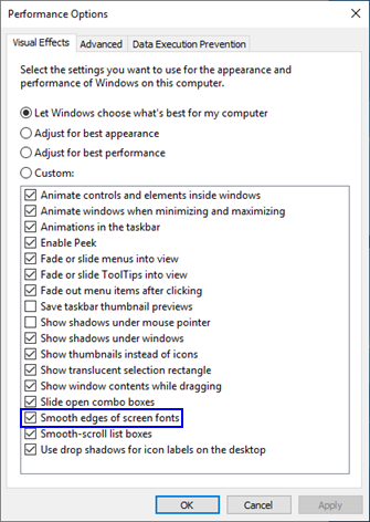 Windows Performance Options dialog box font smoothing properties Windows Performance Options dialog box font smoothing properties