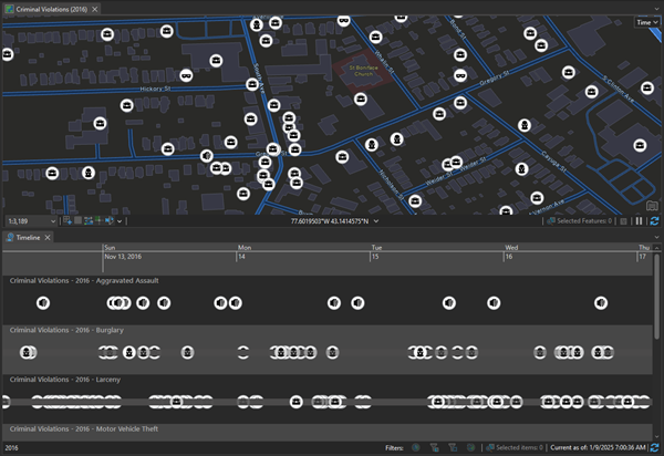 A map with a timeline shows criminal activity in a five-day time period. A map with a timeline shows criminal activity in a five-day time period.