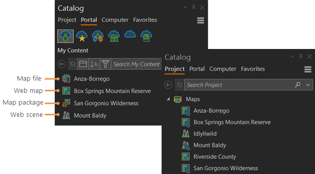 Portal items on the Portal tab and corresponding maps on the Project tab in the Catalog pane Portal items on the Portal tab and corresponding maps on the Project tab in the Catalog pane
