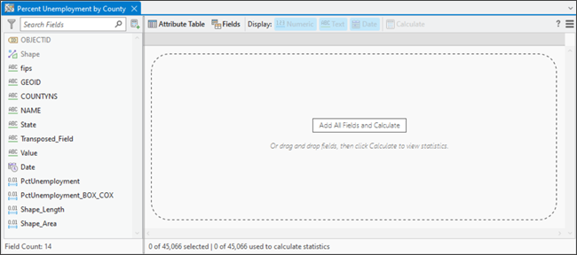 Data Engineering view with fields panel and empty statistics panel