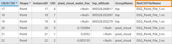 An example of an output feature layer attribute table showing the NetCDFFileName field