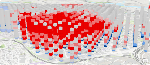 Output of the Hot and cold spot results display theme in the Visualize Space Time Cube in 3D tool