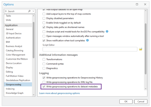 The Write geoprocessing operations to dataset metadata option checked on the Geoprocessing tab on the Options dialog box