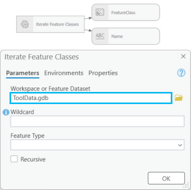 Iterate Feature Classes tool dialog box Iterate Feature Classes tool dialog box
