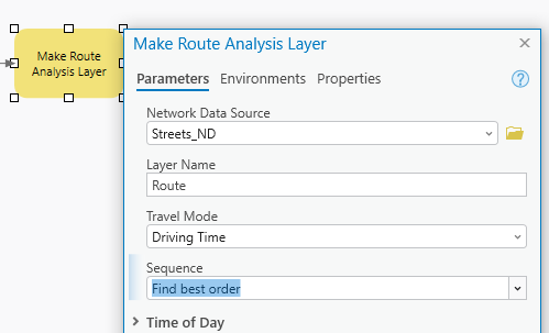 Make Route Analysis Layer tool dialog box with the Sequence parameter set to Find best order