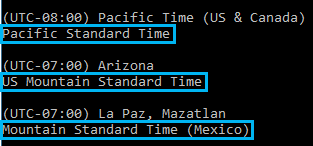 Screenshot of output from Windows tzutil command