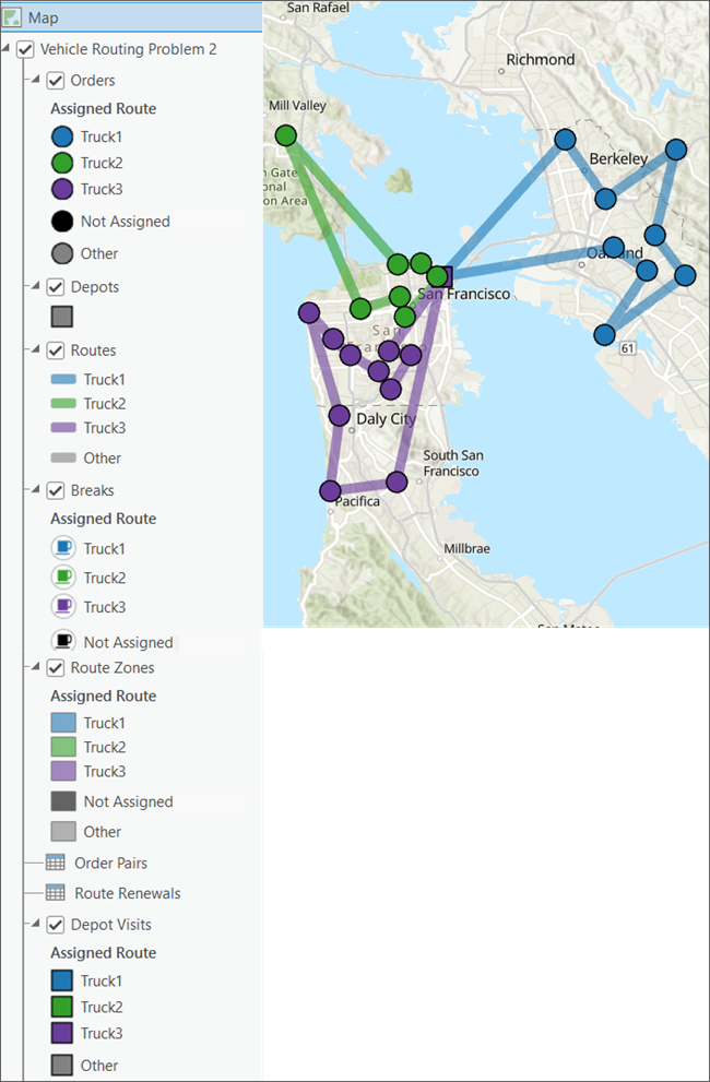 Sublayers are assigned colors matching the route with which they are associated.