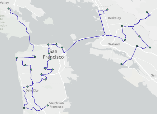 Output of the route analysis model showing route between the input locations