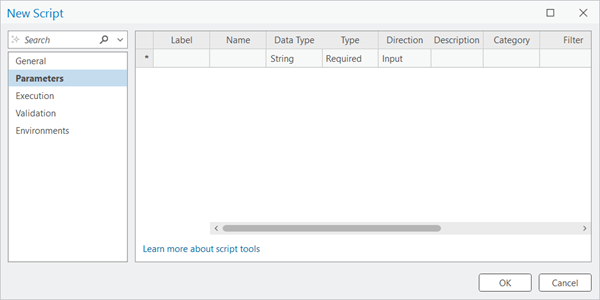 Parameters tab with script tool properties