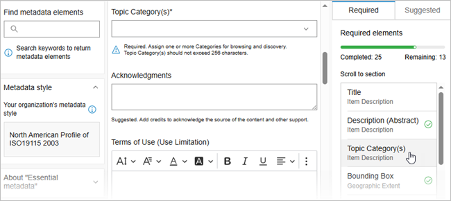 The ArcGIS metadata editor Essential Metadata page has three columns with required elements listed in the third column.