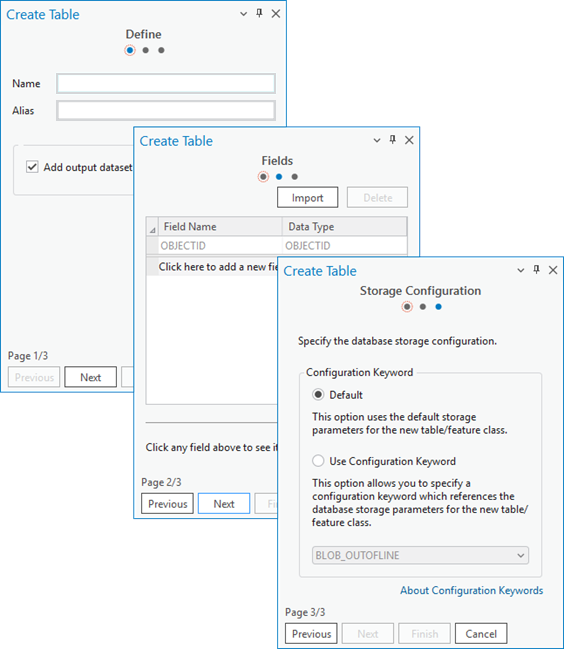 Create Table wizard dialog box options