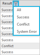 Filter the results in the replica log by result type.