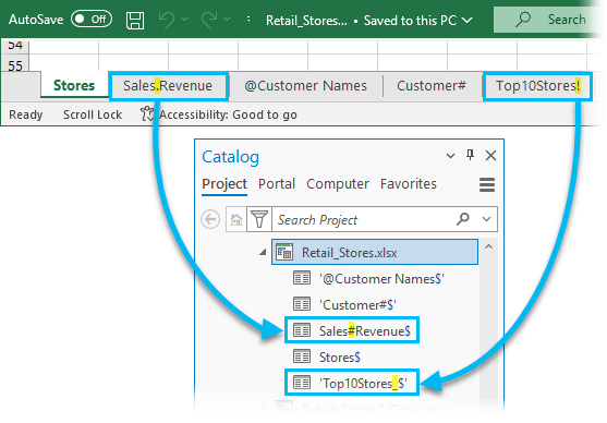 A comparison of two worksheet names as they appear in Excel and in ArcGIS Pro.