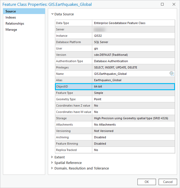 The supported object ID bit level for a feature class can be found in the feature class properties.