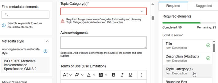 The ArcGIS metadata editor Essential Metadata page has three columns with required elements listed in the third column.