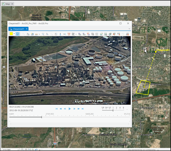 player with video footprint and sensor ground track displayed on the map.