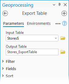 The Input and Output Table parameters for the Export Table geoprocessing tool