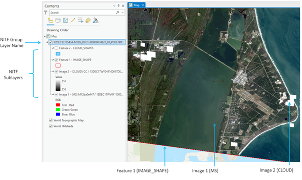 NITF data group in the Contents pane and displayed on the map