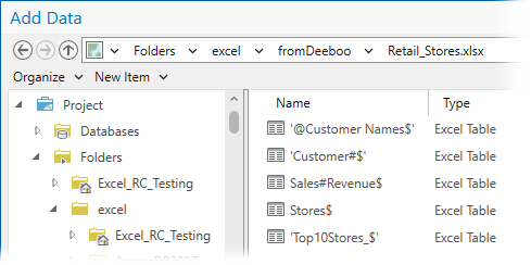 Excel worksheets on the Add Data dialog box