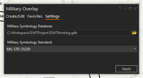 Military Overlay Settings tab with default properties
