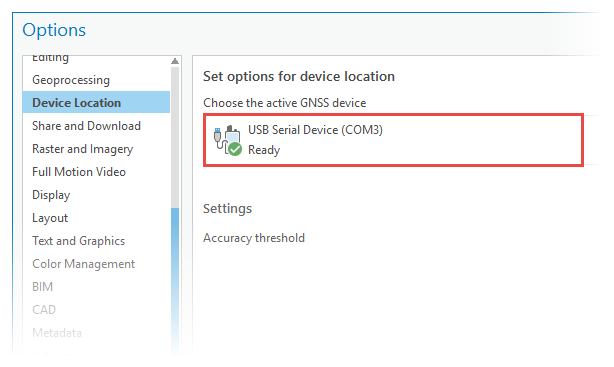 Device Location Options dialog box