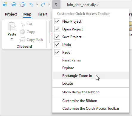 Rectangle Zoom command selected on the Customize Quick Access Toolbar drop-down menu