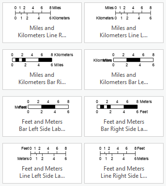 Thumbnail images of eight dual scale bar style items