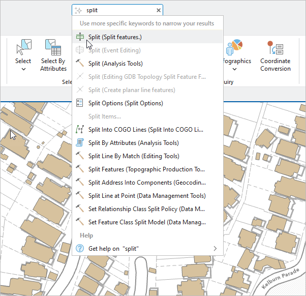 Command Search results for the term split with help topics displayed.