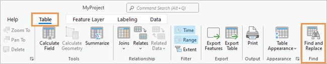 Table tab on the ribbon with the custom Find group with the Find and Replace command