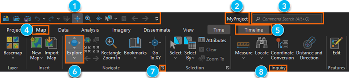 ArcGIS AllSource ribbon with Timeline open and Map tab selected with marked controls.