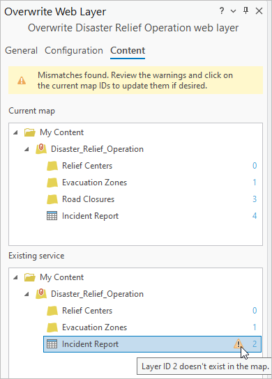 New web layer with sublayer IDs compared with the existing service sublayer IDs