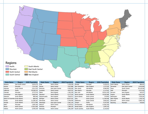 The final layout with a map, legend, and stylized population table