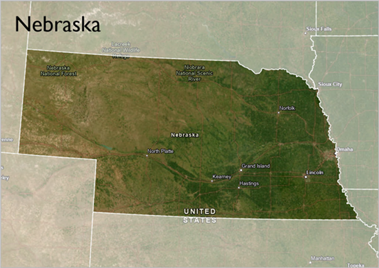 A map series page of Nebraska in which the other states are masked by a transparent layer