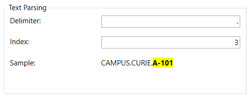 Text Parsing section, with Delimiter and Index parameters configured for a long string